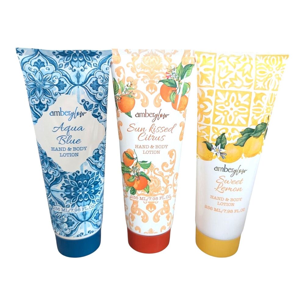 Amber Glow Hand Body Lotion: Sweet Lemon, Aqua Blue & Citrus Set Of 3 New